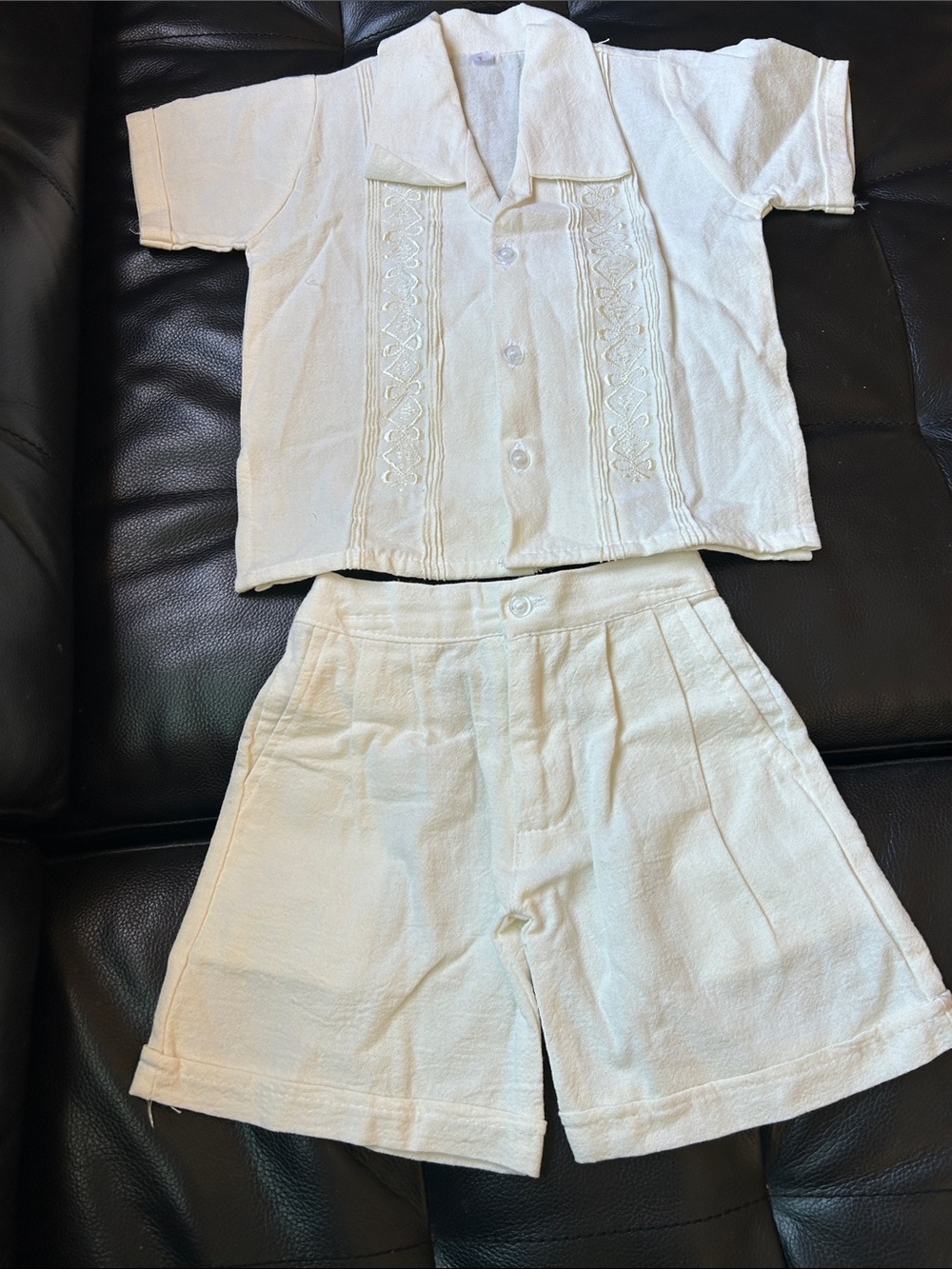 Kids linen blend White Embroidered Two-Piece Shirt & Shorts Set
